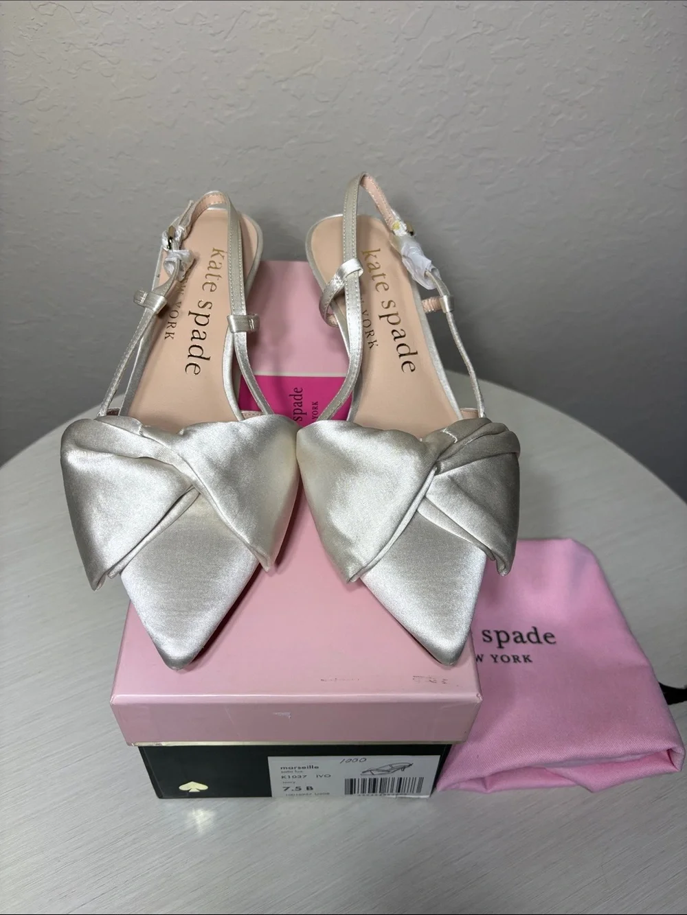 Kate Spade Marseille Ivory Satin Bow Slingback Kitten Heels 7.5B